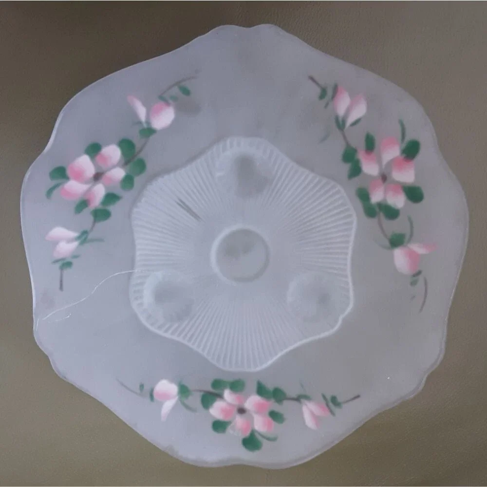 Lancaster WHITE FROSTED w/ Pink Floral Pattern 3 Footed 10